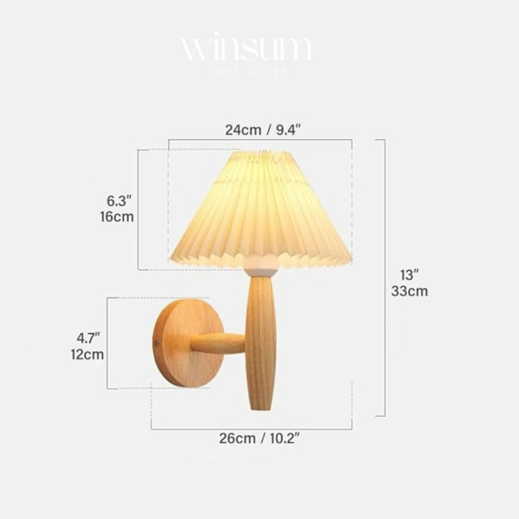 Đèn tường phong cách vintage, chụp đèn vải xếp li, thân gỗ sồi - winsum.decor