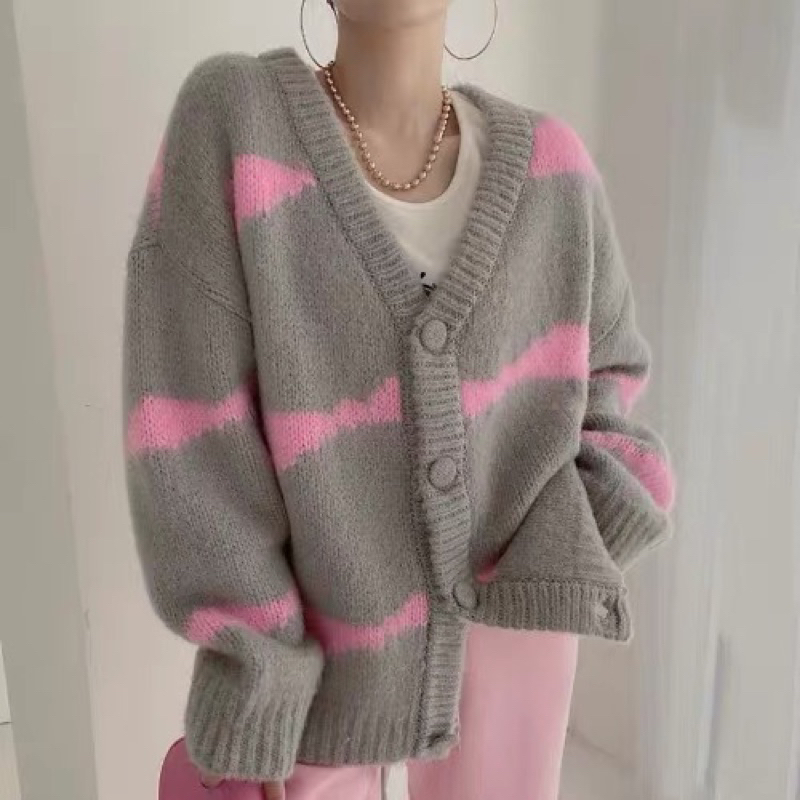 Áo Cardigan Xám Hồng Áo Khoác Len Mỏng Mùa Thu Giá Rẻ Cúc Bọc