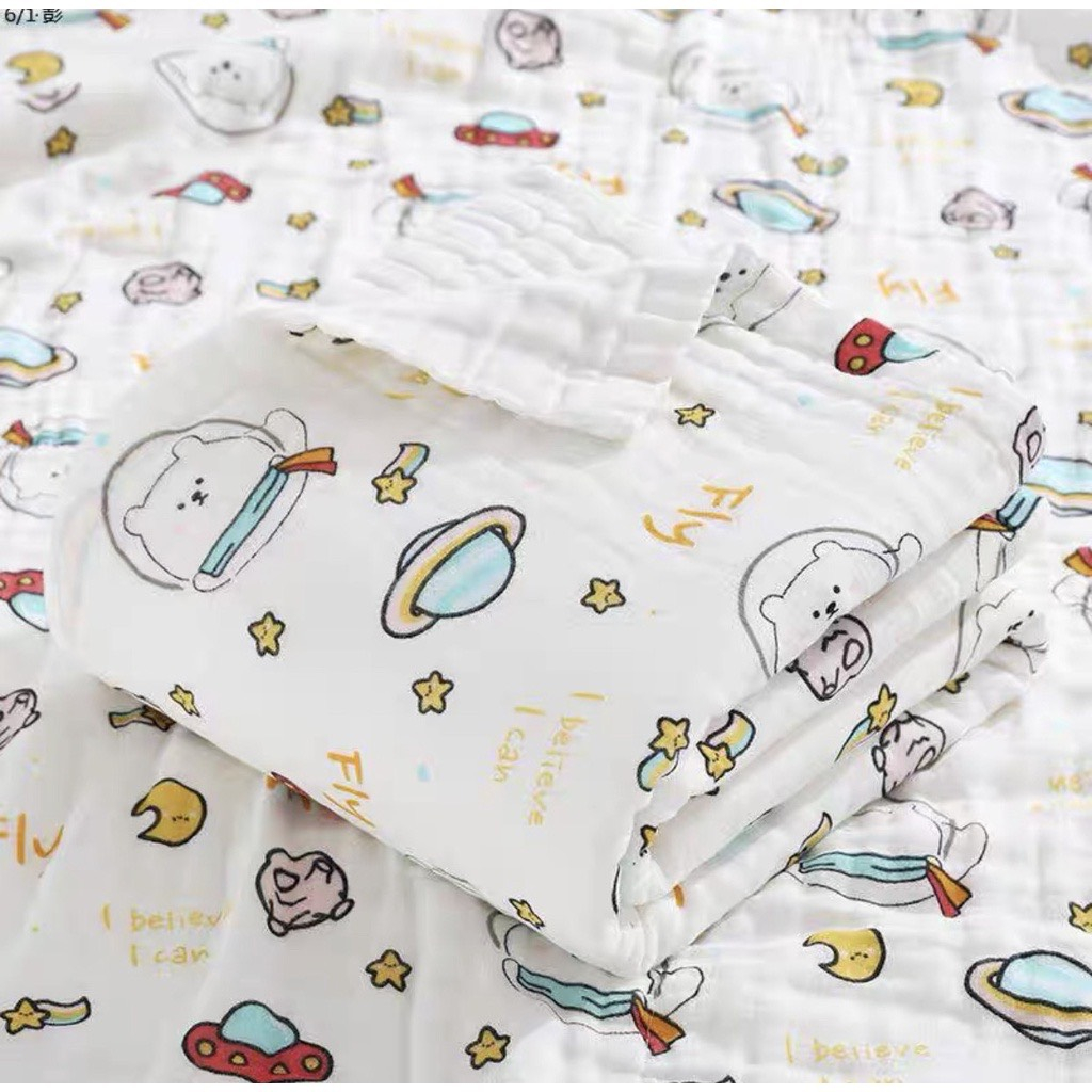 Khăn xô 6 lớp sợi tre không viền, khăn tắm nhăn mềm mại cho bé sơ sinh nhiều họa tiết size lớn 110x110 cm