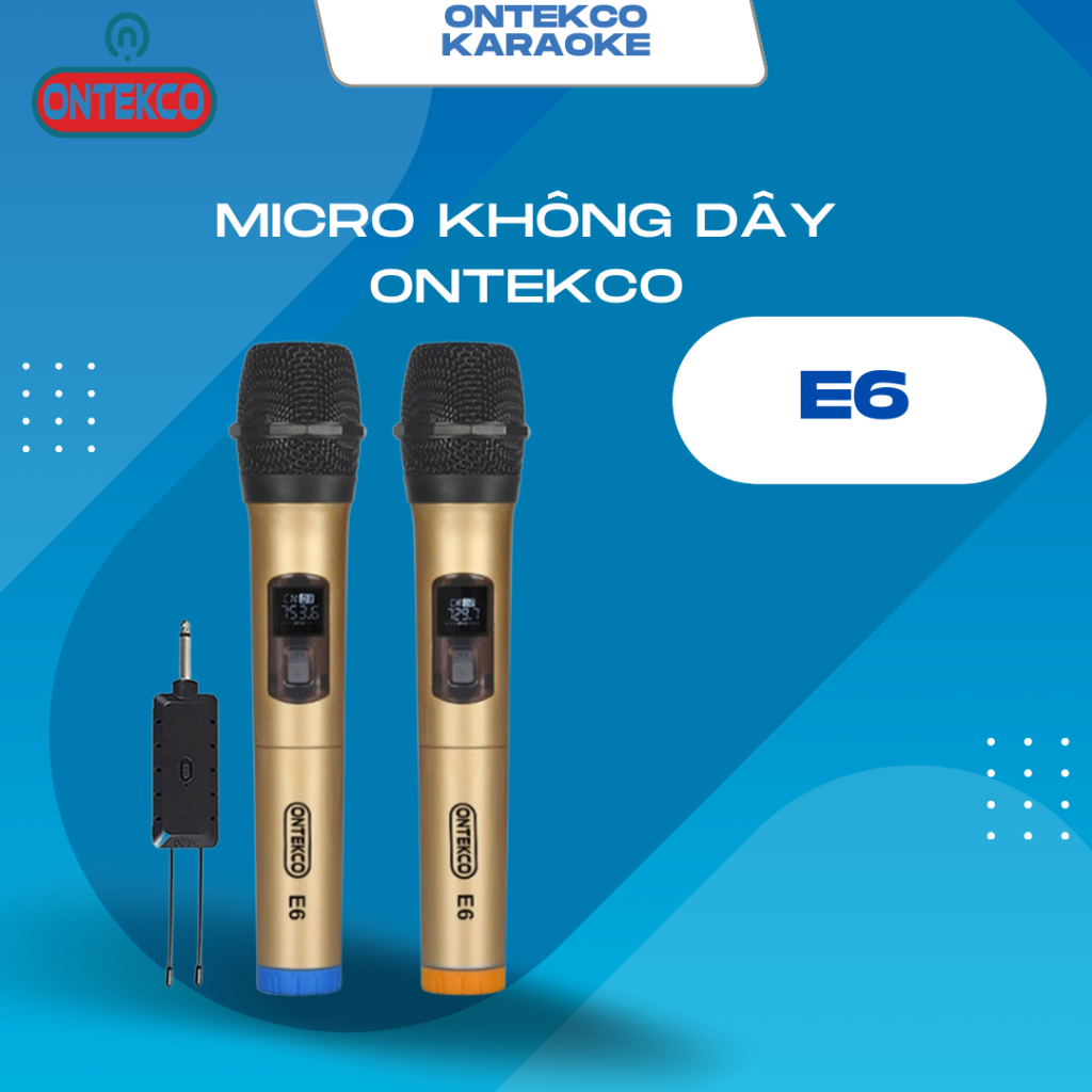Bộ micro không dây ONTEKCO E6 màu vàng đen hát karaoke dùng cho mọi loa kéo, amply gia đình, chống hú