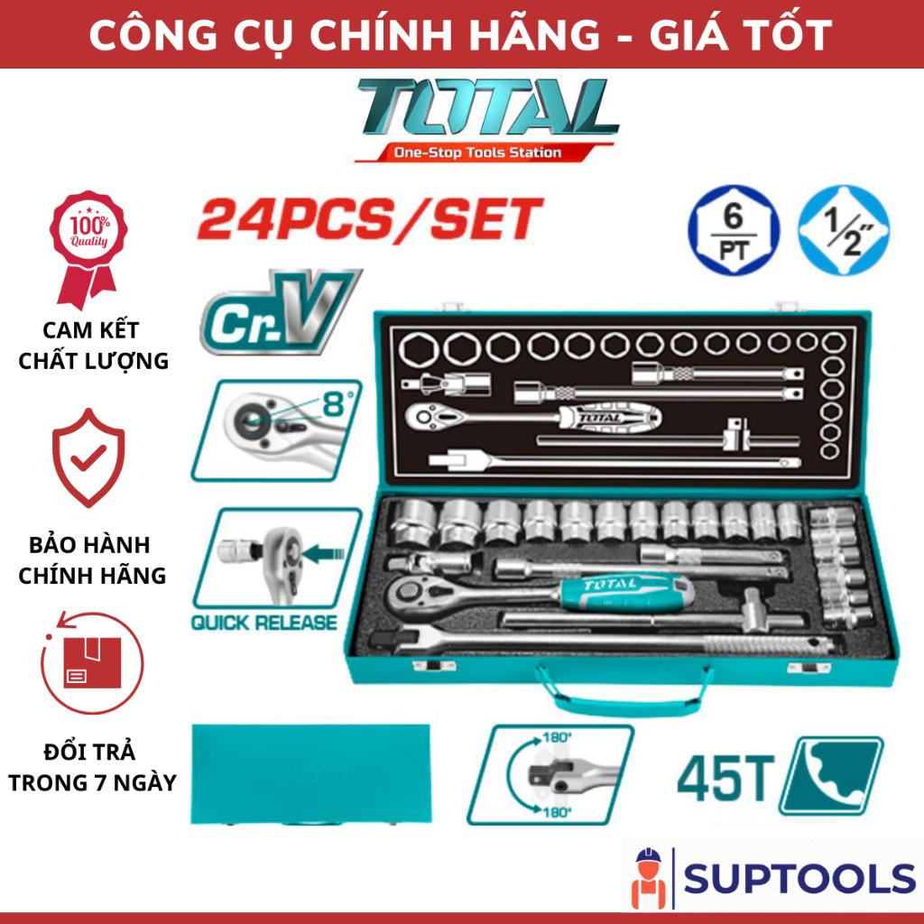 Bộ 24 cái đầu tuýp 1/2inch TOTAL THT121242 Dụng cụ sửa xe ô tô [Đồ nghề chính hãng]