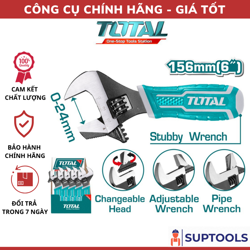Cờ lê điều chỉnh 2 trong 1 size 156mm TOTAL THT1016S mỏ lết và mỏ lết răng Kích thước kẹp 0-24mm [Đồ nghề chính hãng]
