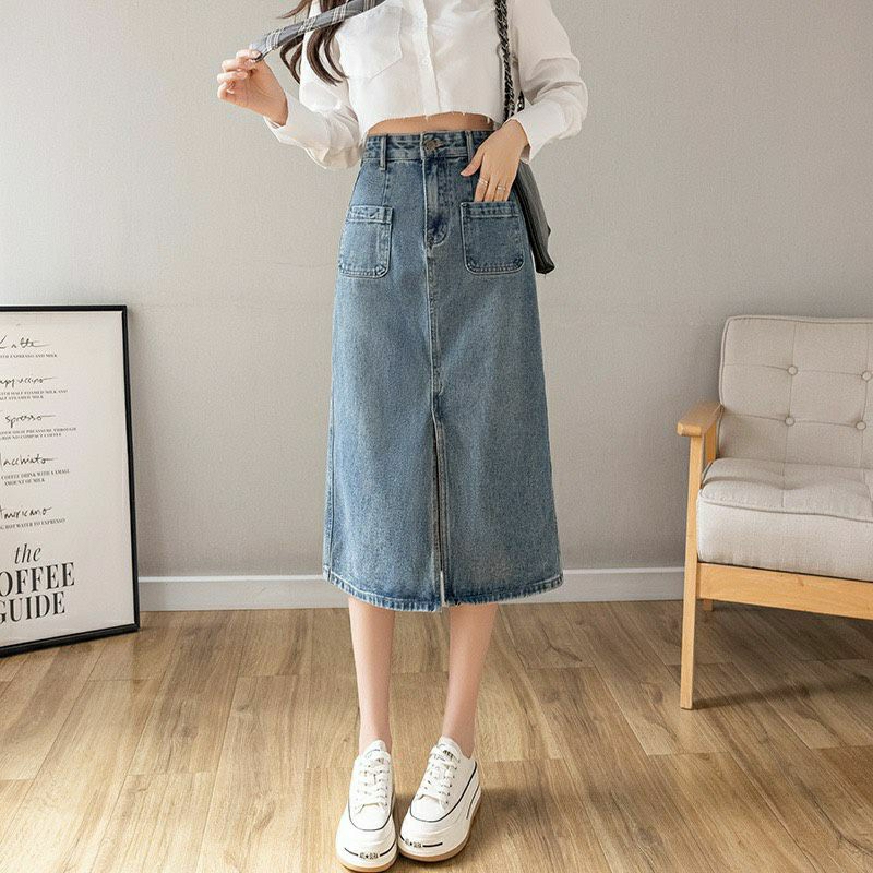 Chân Váy Jean Cạp Cao Dáng Dài Túi Hộp Xẻ Trước Trẻ Trung Năng Động R2