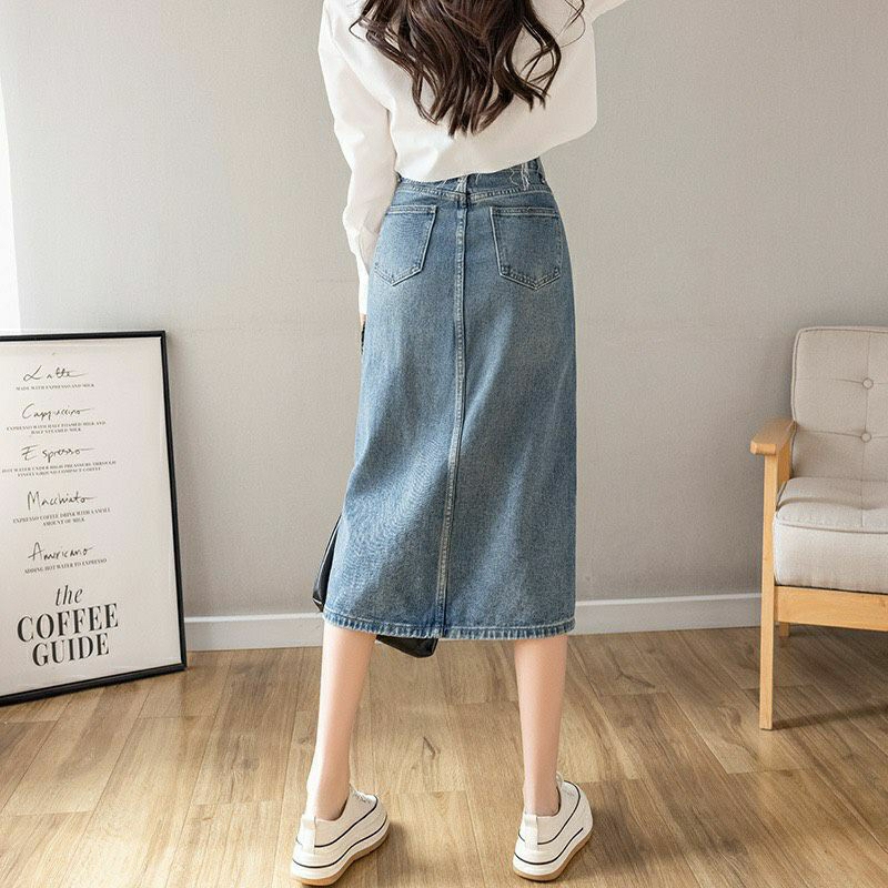Chân Váy Jean Cạp Cao Dáng Dài Túi Hộp Xẻ Trước Trẻ Trung Năng Động R1
