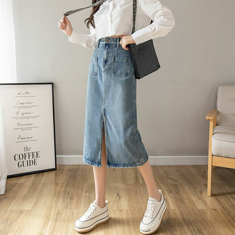 Chân Váy Jean Cạp Cao Dáng Dài Túi Hộp Xẻ Trước Trẻ Trung Năng Động R2