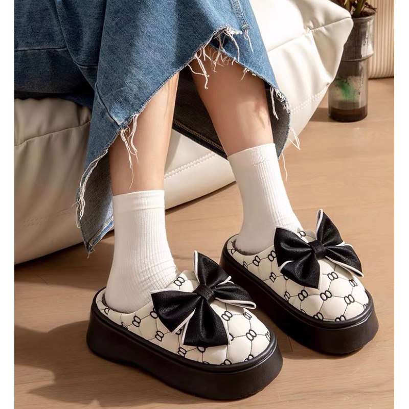 Dép bông nữ đế cao 5.5cm lót lông ấm áp, dép bánh mì nâng chiều cao chống nước mẫu mới năm 2023