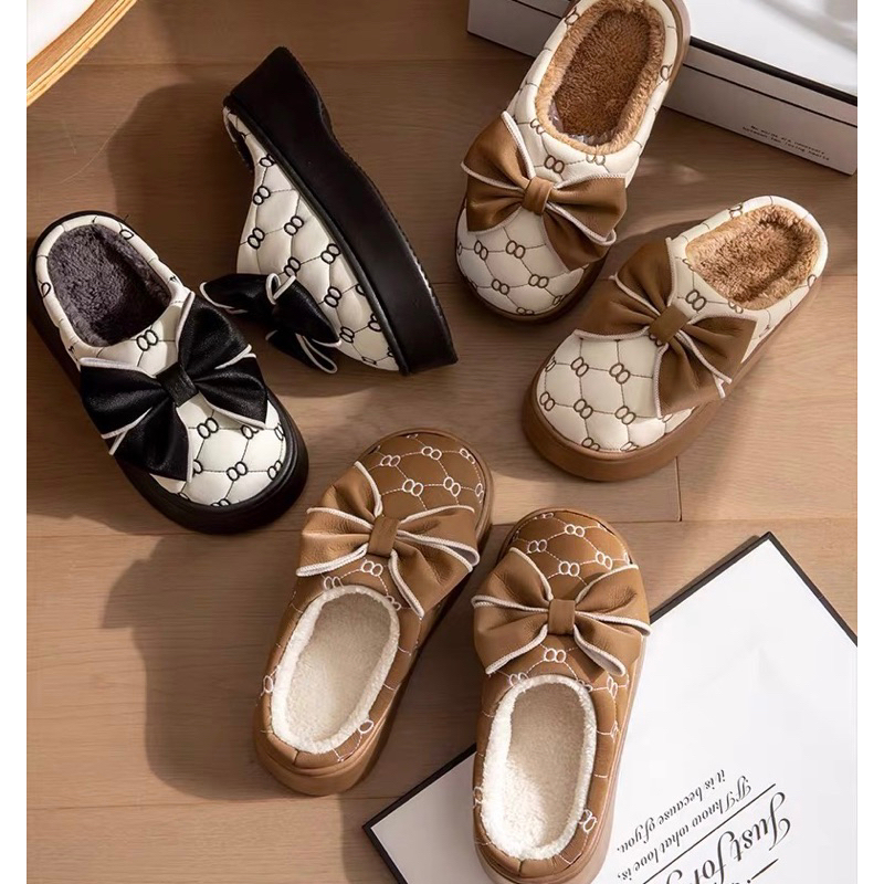 Dép bông nữ đế cao 5.5cm lót lông ấm áp, dép bánh mì nâng chiều cao chống nước mẫu mới năm 2023