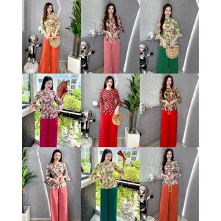 Set lam bà ba đi chùa tay loe bông - lụa mango