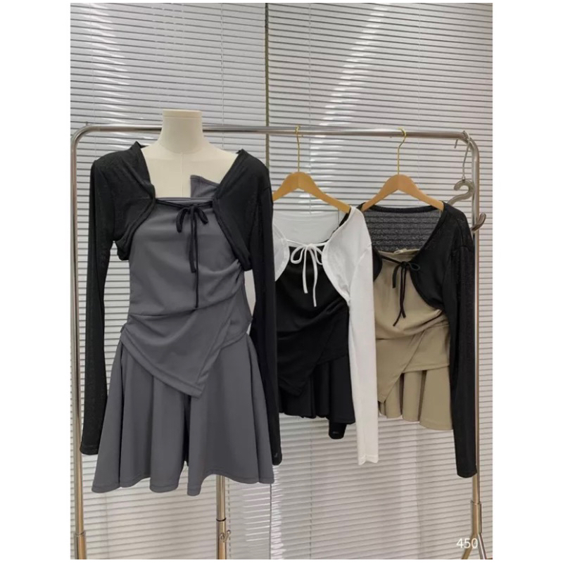SET 3CT áo cadigan lửng mix áo 2 dây + quần váy xoè style Ulzzang