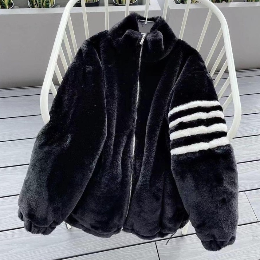 Áo Khoác Lông Thome Mượt Dày Dặn Cao Cấp - Áo Khoác Lông Cừu Phối 4 Sọc Tay Fom Unisex Cực Đẹp Hottrend 2023
