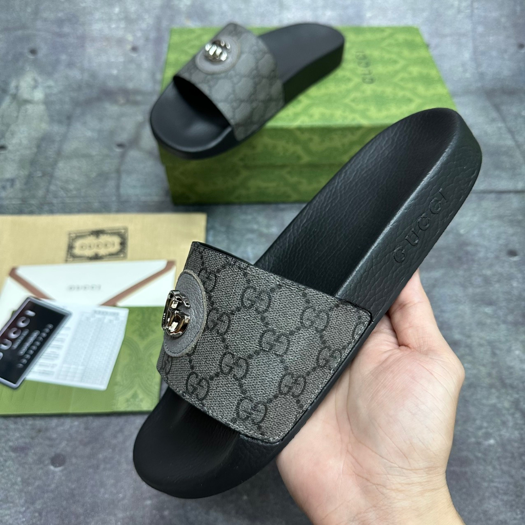 Dép Lê Gucci dép da nam quai ngang xám xi măng khuy GG fullboxx hộp cực đẹp