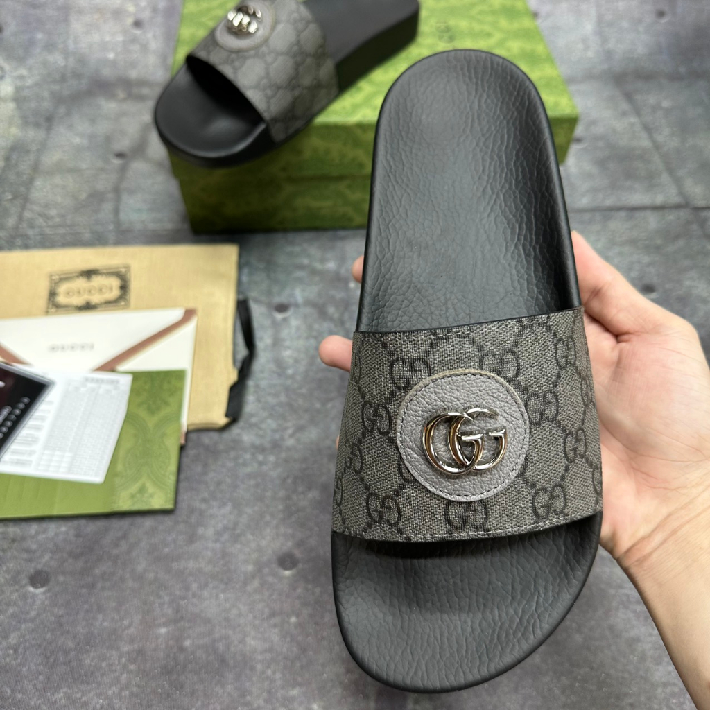 Dép Lê Gucci dép da nam quai ngang xám xi măng khuy GG fullboxx hộp cực đẹp