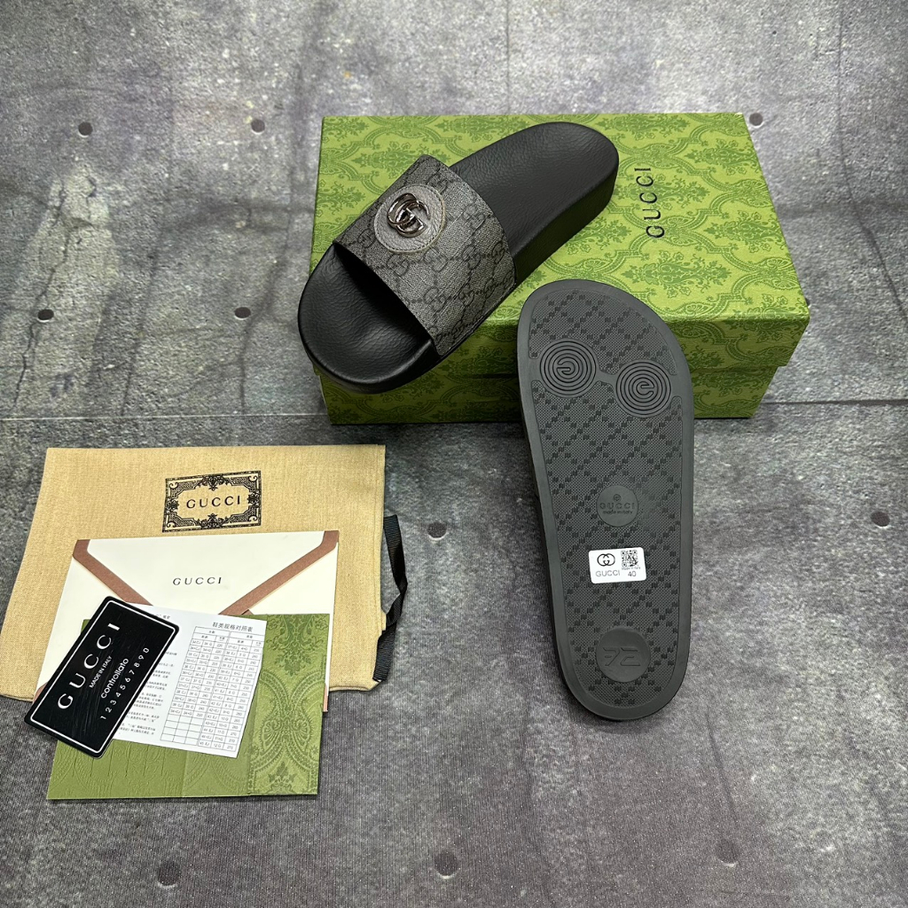 Dép Lê Gucci dép da nam quai ngang xám xi măng khuy GG fullboxx hộp cực đẹp