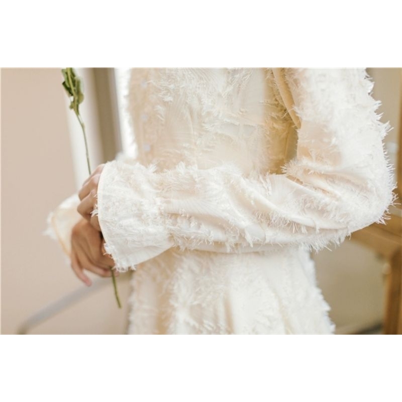 Váy/Đầm tiểu thư dáng dài, màu trắng ngà, vải lông 2 lớp, khóa sau, mới 98%, size L, TKG1