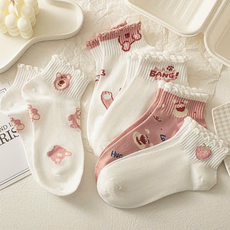Set 5 Đôi Tất Cotton Cổ Bèo Dáng Ngắn Phối Hình Gấu Hồng Cực Xinh