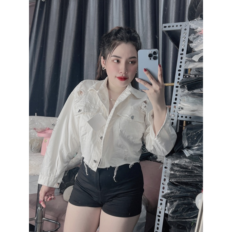 Áo khoác croptop kaki jean rách