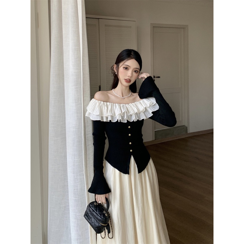 Áo thun gân trễ vai tay xoè