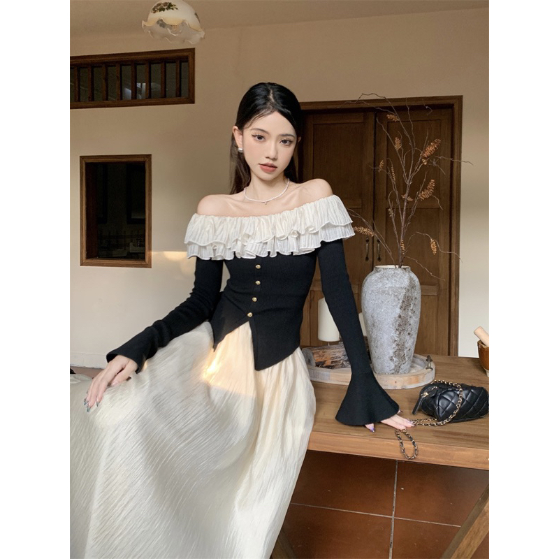 Áo thun gân trễ vai tay xoè