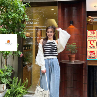 Set Áo Len Gồm 2 Món, Áo Khoác Dáng Ngắn Tay Ống Rộng Kèm Áo Yếm Sọc Phong Cách Cá Tính Hàng Qccc Shopquacam