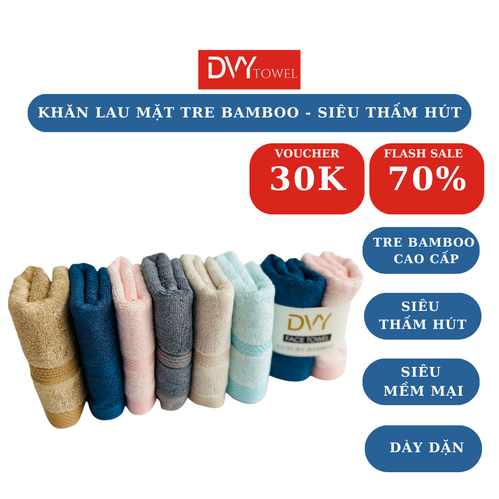(Combo 5 ) Khăn mặt Sợi Tre Bamboo, Dày Dặn, Mềm Mại, Thấm Hút Nhanh, Ko Phai Màu