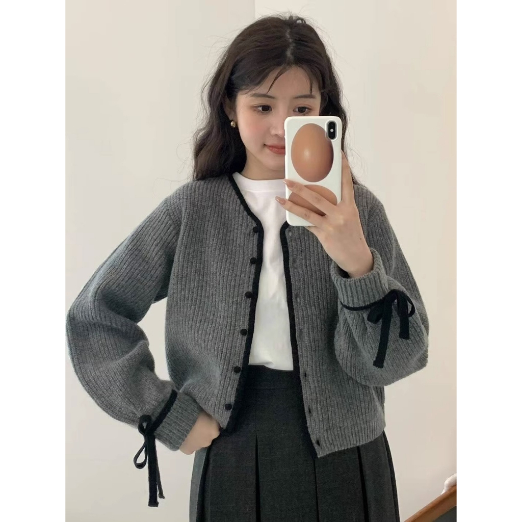 Áo Khoác Len Nữ Cổ Chữ V Dáng Ngắn Tay Áo Thắt Nơ Áo Cardigan Len Dệt Kim Kiểu Hàn Quốc Áo Khoác Nữ Thu Đông AL282