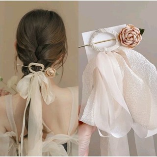 Kẹp tóc đính nơ phối trâm hoa hồng phong cách trung hoa