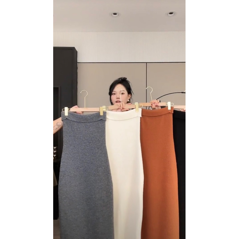 CHOUCHUU Áo khoác cardigan dáng dài và váy ống len màu đỏ sang trọng quý phái