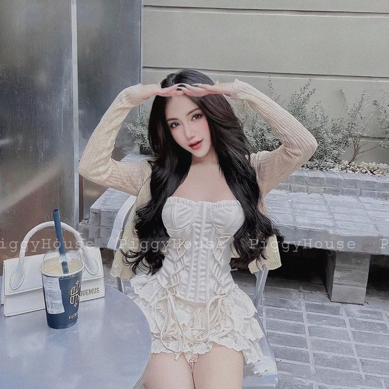 Set Áo Corset Đan Dây Kèm Chân Váy Ren Tầng PiggyHouse S35  Kèm Video