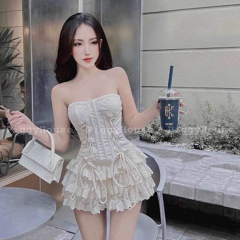 Set Áo Corset Đan Dây Kèm Chân Váy Ren Tầng PiggyHouse S35  Kèm Video