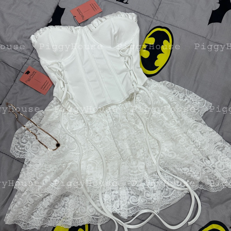 Set Áo Corset Đan Dây Kèm Chân Váy Ren Tầng PiggyHouse S35  Kèm Video