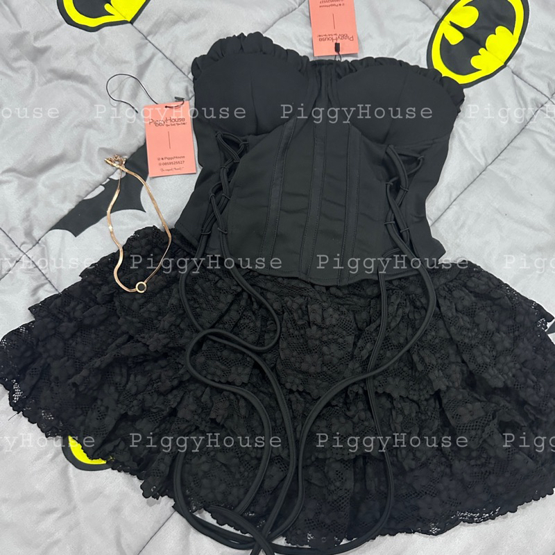 Set Áo Corset Đan Dây Kèm Chân Váy Ren Tầng PiggyHouse S35  Kèm Video