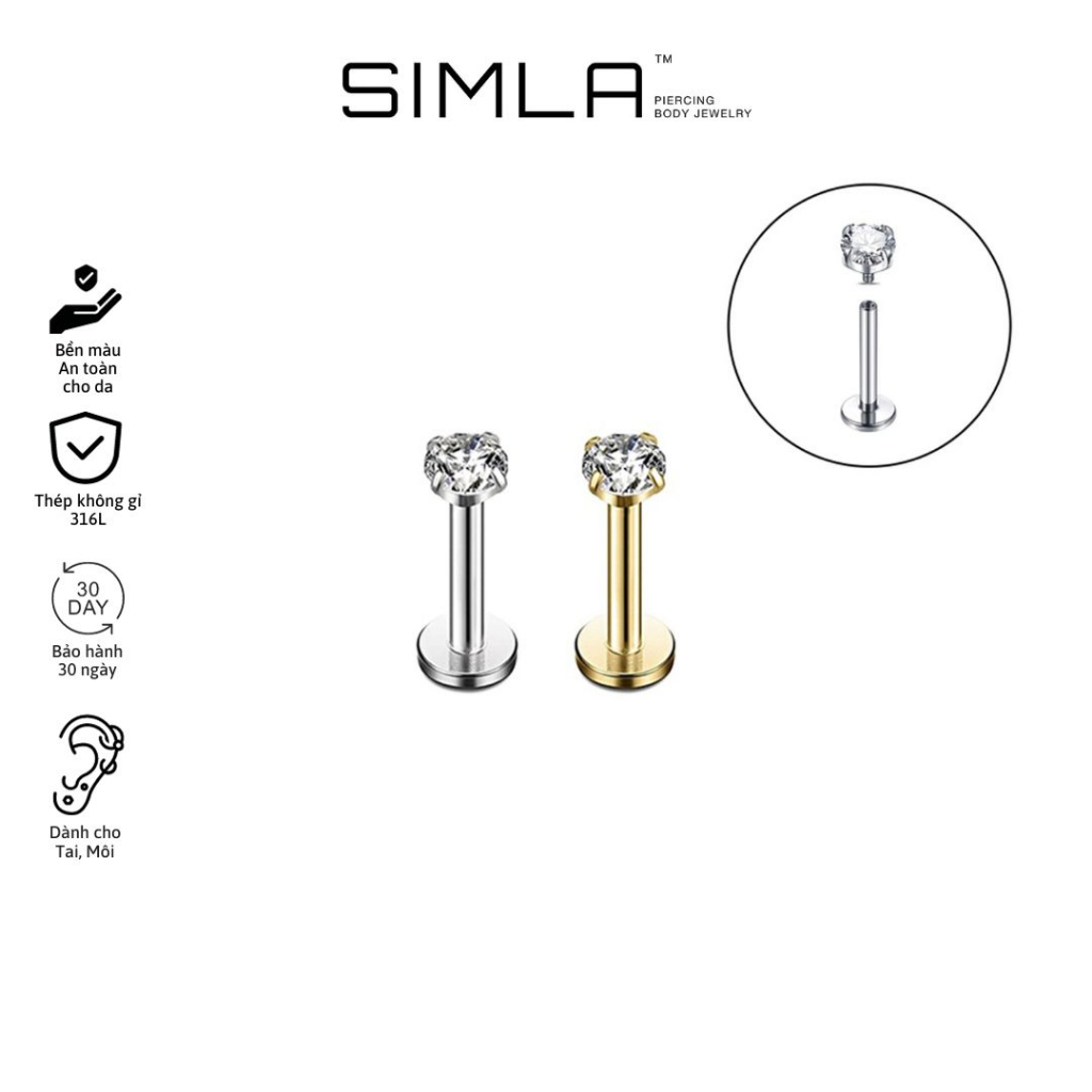 Khuyên tai đá trắng khuyên labret (chốt nội) Thép không gỉ 316L Simla (Chiếc) - Simla Body Jewelry