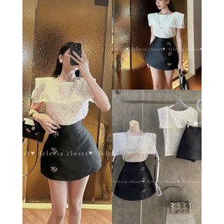 Set áo ren cổ vuông chân váy tacta nơ đá