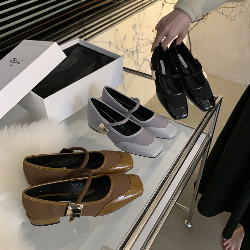 Giày búp bê mũi vuông đế bằng phong cách hàn quốc