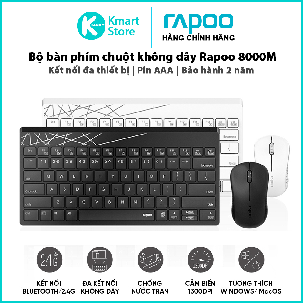 Bộ bàn phím chuột không dây Rapoo 8000M | Kết nối Bluetooth 5.0 và Reciver 2.4G - Hàng Chính Hãng