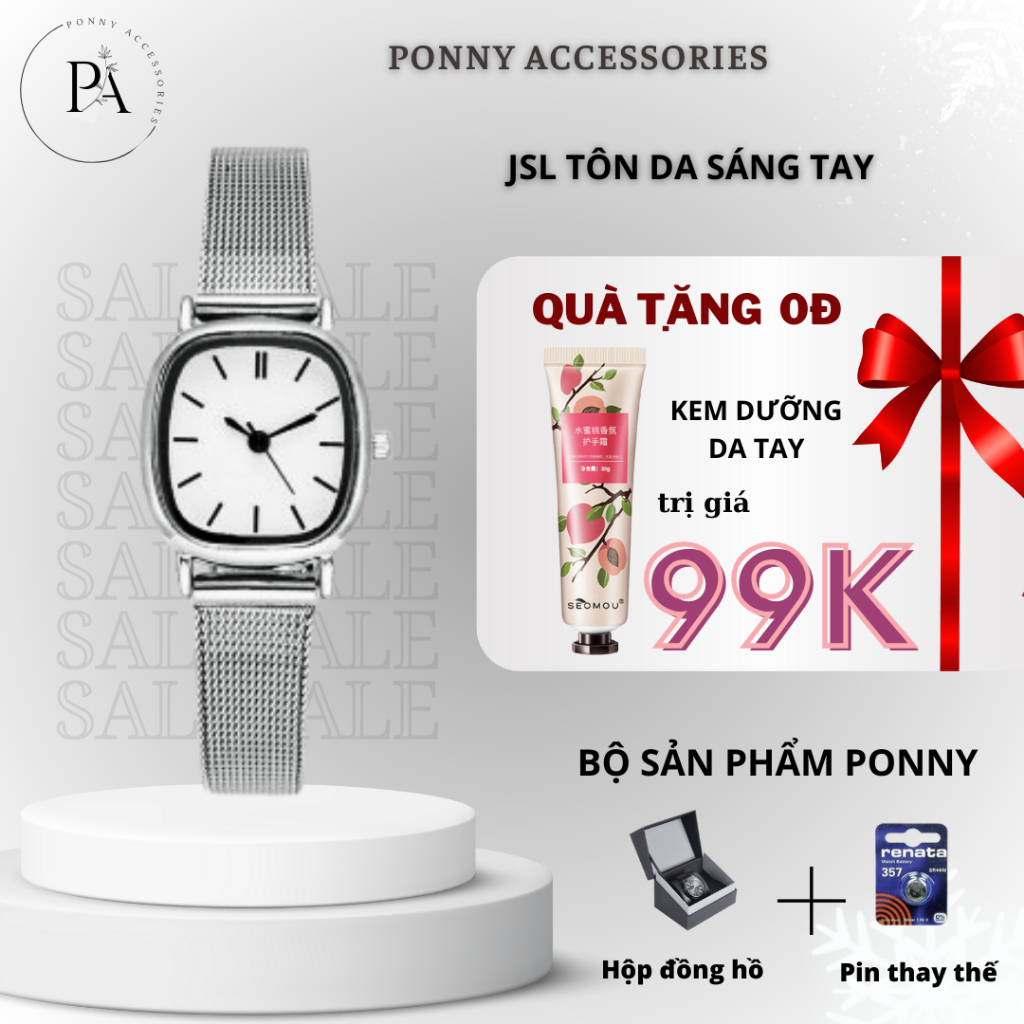 Đồng Hồ Nữ Mặt Vuông JIS màu trắng tôn da sáng tay phong cách Hàn Quốc Đồng Hồ Dây Kim Loại Mặt Nhỏ (có ảnh thật)