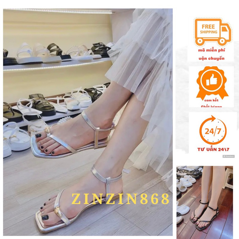 Sandal nữ xỏ ngón đính hạt mũi vuông dây mảnh đế bệt