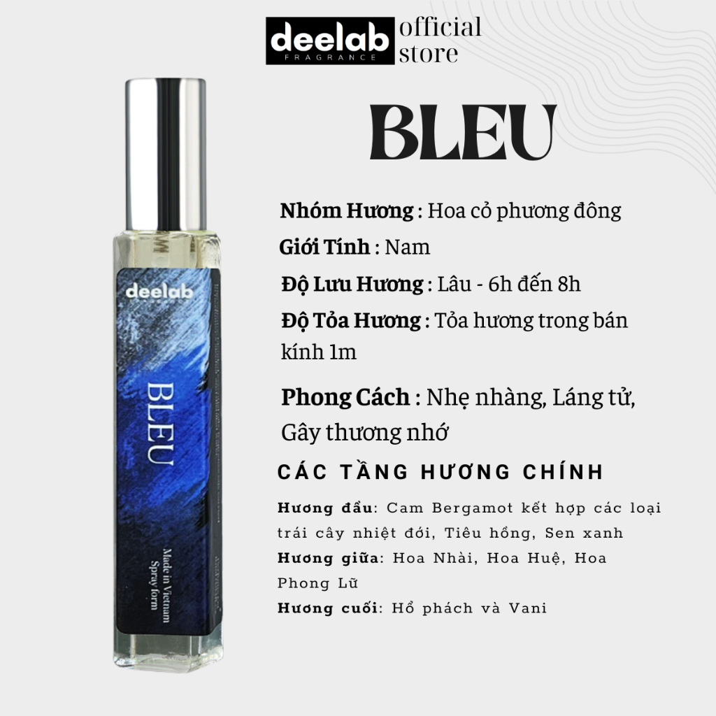 Tinh Dầu Nước Hoa Nam Dạng Xịt Deelab Bleu 10ml, Nhẹ nhàng, Lãng tử, Gây thương nhớ - Dạng xịt