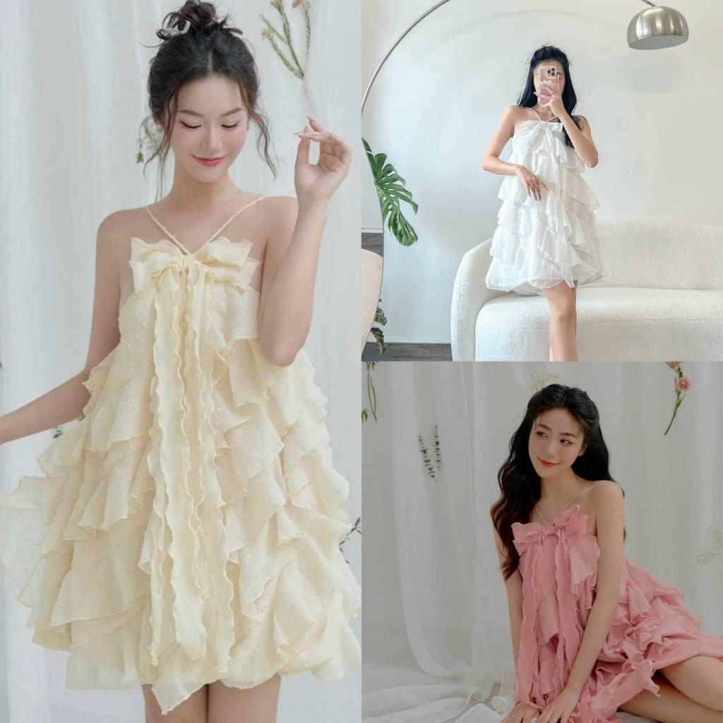 Đầm nữ bèo xếp tầng cột nơ ngực kiểu dáng quyến rũ