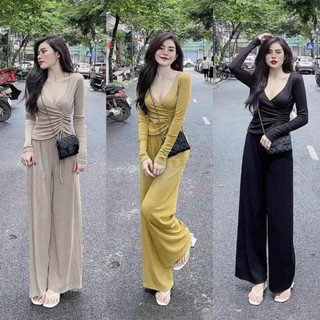 Sét Bộ nữ thun gân ống rộng co dãng thích hợp đi chơi, đi tiệc