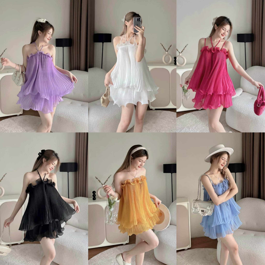 Sét nữ áo kèm váy dập ly bèo cuốn dây cước tiểu thư tinh tế