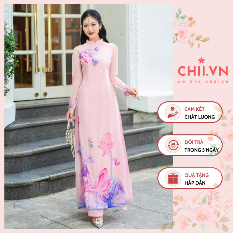 Áo Dài Cách Tân Sen Hồng Đính Kết Kim Sa