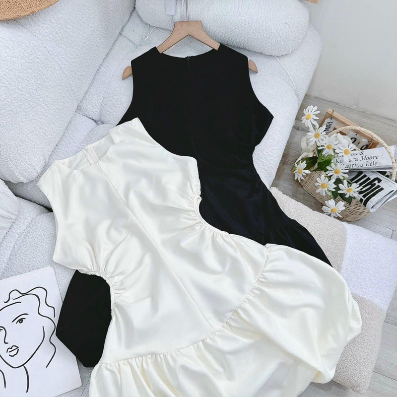 Đầm sát nách khoét eo tùng bí 2 màu trắng đen dễ thương