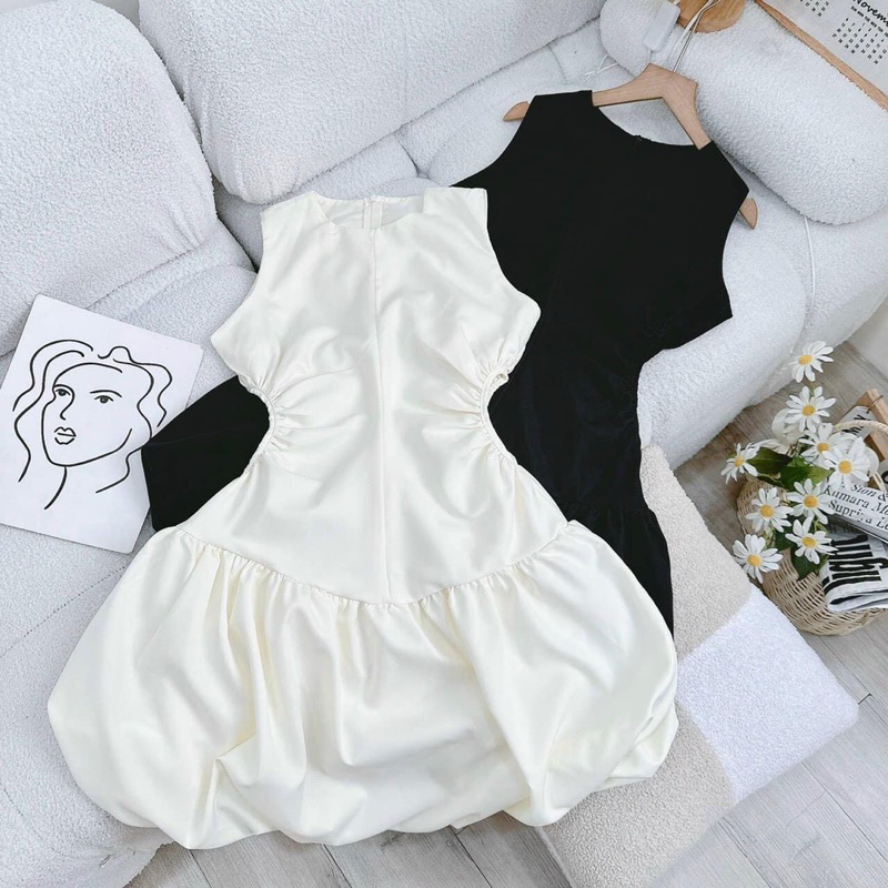 Đầm sát nách khoét eo tùng bí 2 màu trắng đen dễ thương