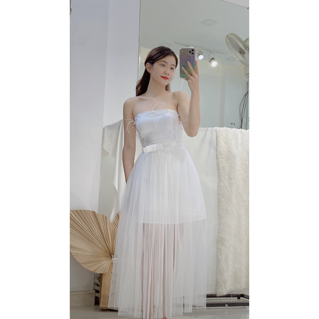 Đầm dự tiệc cúp ngực dáng xòe dài đính lông vũ Mira Dress