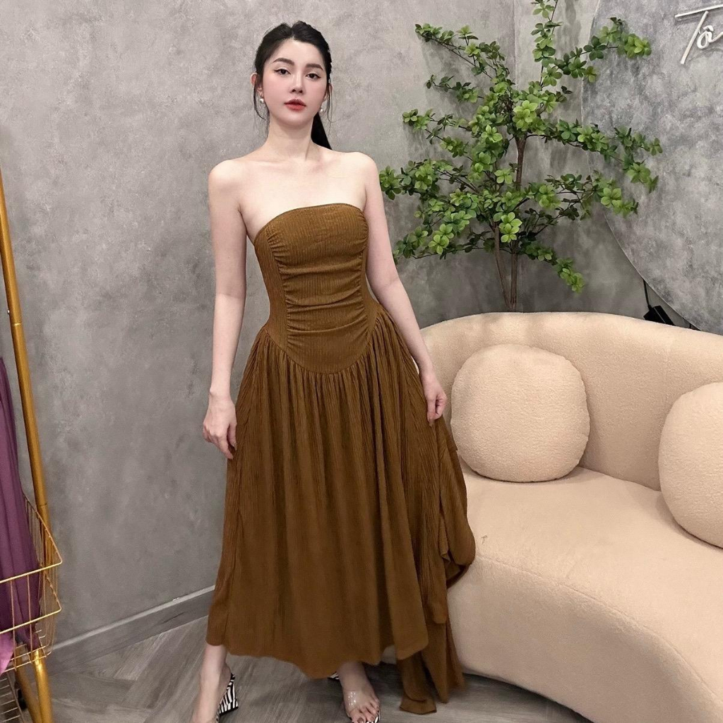 ĐẦM CÚP + ÁO KHOÁC DÁNG MIXI - Chất liệu: Vải xốp nhăn co giản - Thương hiệu: HiT Fashion