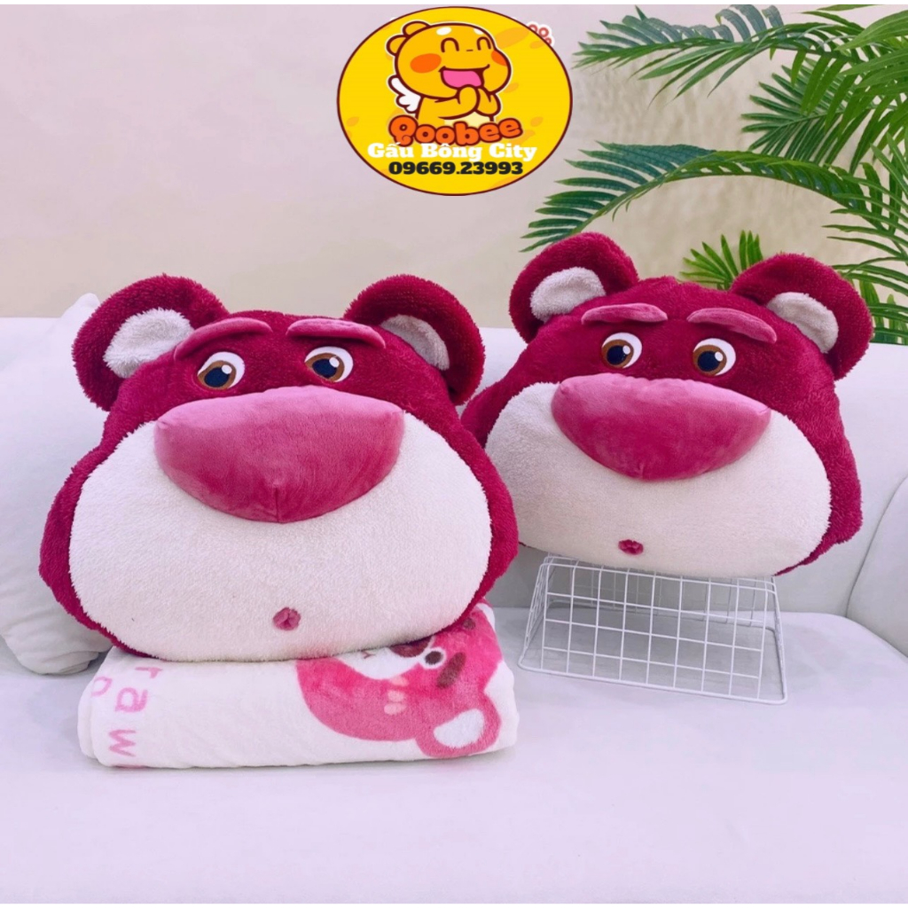 Bộ Chăn Gối Gấu Bông Lotso Biểu Cảm 3 in 1 - Lotso Nhồi Bông Chăn Văn Phòng Có Chỗ Đút Tay Cao Cấp Gấu Bông City