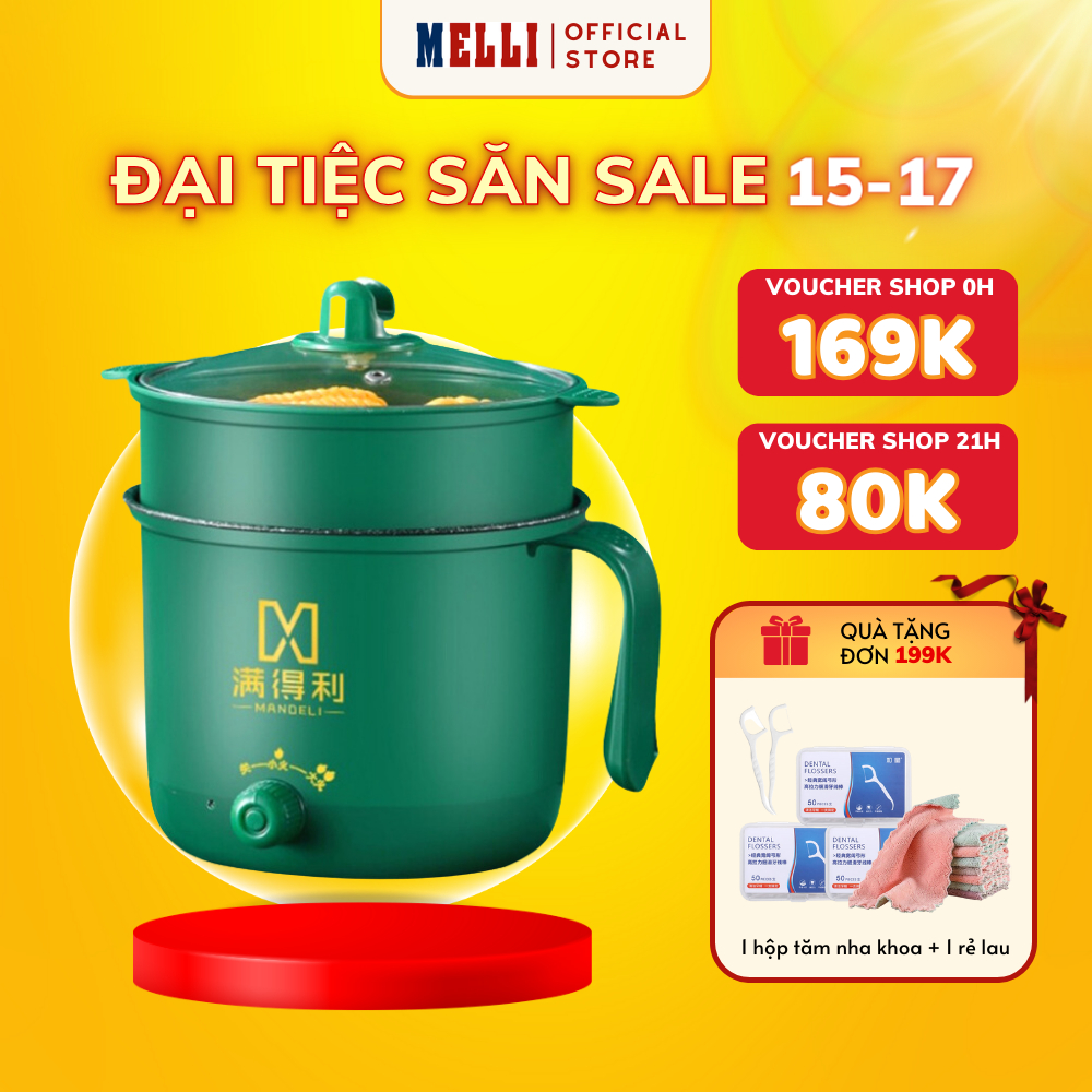 Nồi Lẩu Điện Mini Melli ĐA NĂNG 2 Tầng Kèm Giá Hấp NẤU MÌ, Luộc Chiên Xào Chống Dính Vân Đá Tiện Lợi Ca nấu Mì Mẫu Mới