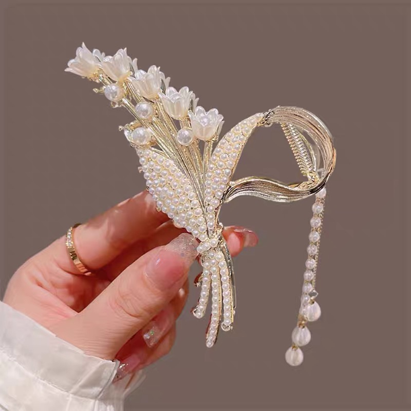 Kẹp Tóc Kim Loại Hình Hoa Linh Lang Đính Đá Sang Trọng Dành Cho Nữ