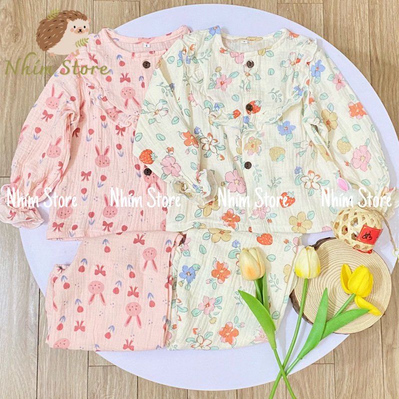 Bộ pijama dài tay xô muslin cổ bèo nhún siêu xinh yêu cho bé gái